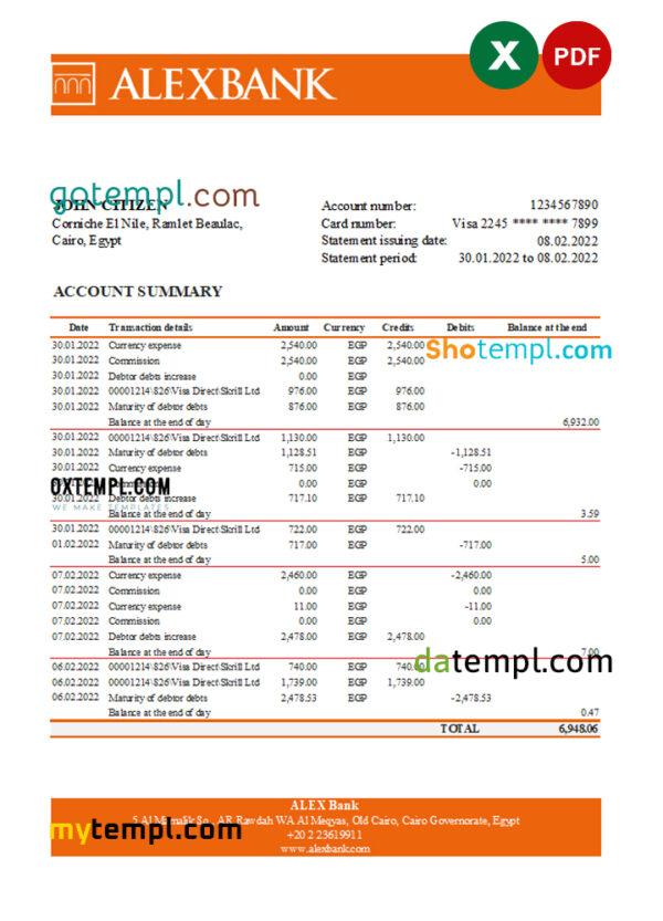 editable template, Egypt Alex bank statement Excel and PDF template