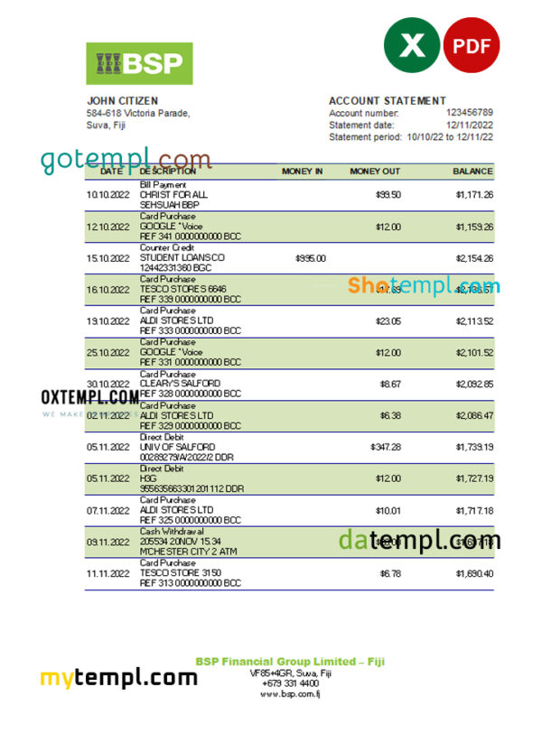 editable template, Fiji Bank of South Pacific bank statement Excel and PDF template