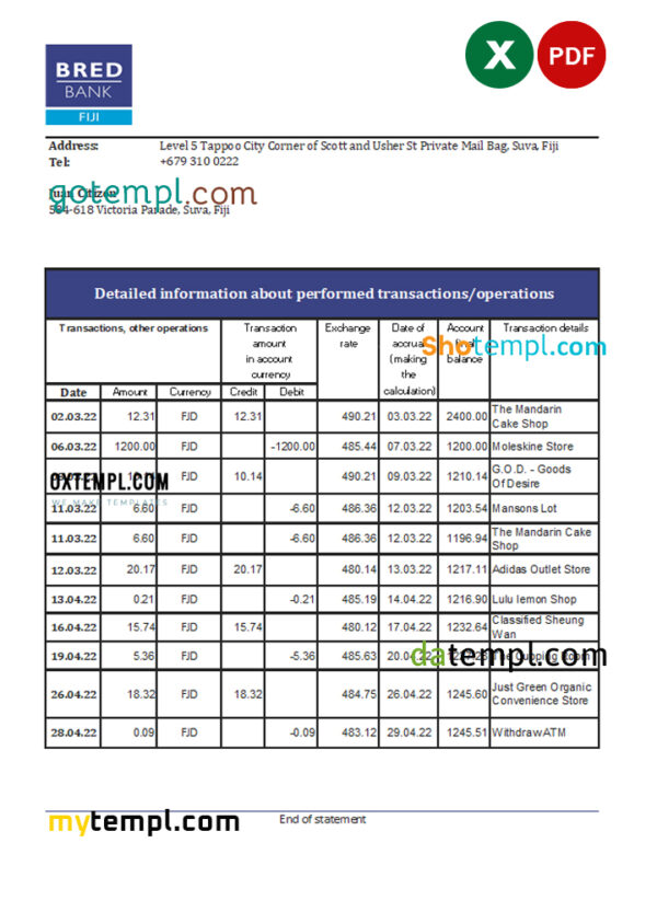 editable template, Fiji Bred bank statement Excel and PDF template
