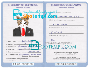 France cat (animal, pet) passport template, fully editable