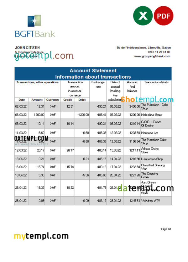 editable template, Gabon BGFI bank statement Excel and PDF template