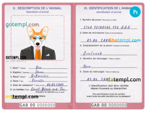 Gabon dog (animal, pet) passport PSD template, completely editable