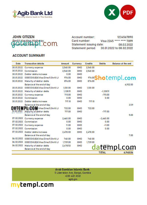 editable template, Gambia Arab Gambian Islamic bank statement Excel and PDF template
