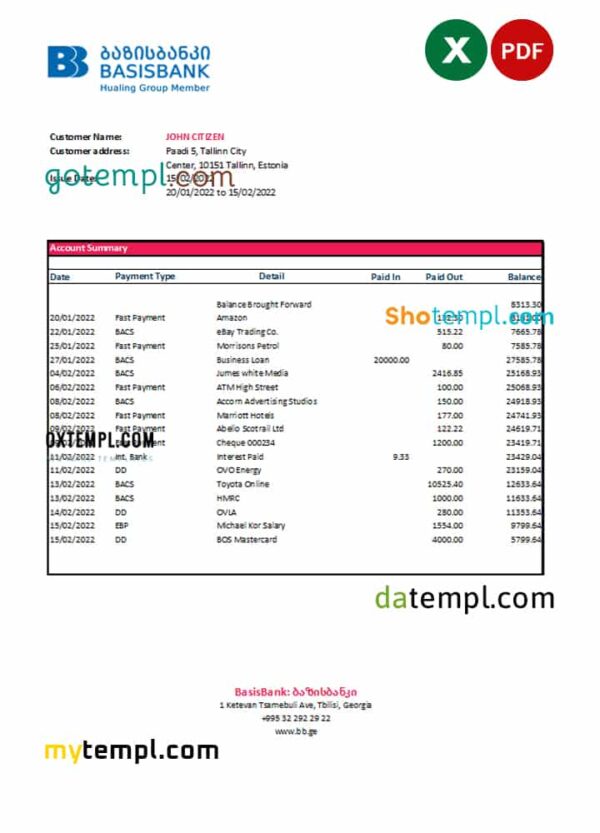 editable template, Georgia Basis Bank statement Excel and PDF template