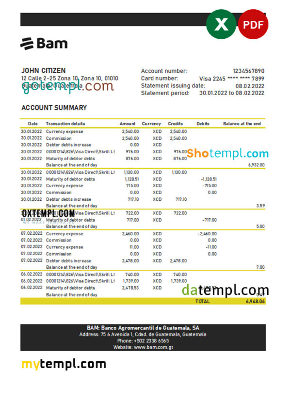 editable template, Guatemala Agromercantil bank statement Excel and PDF template