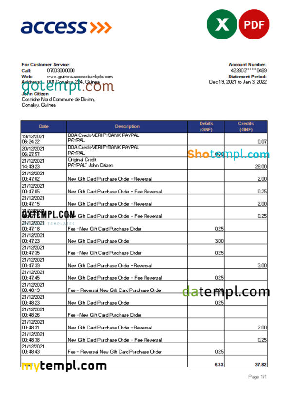 editable template, Guinea Access bank statement Excel and PDF template