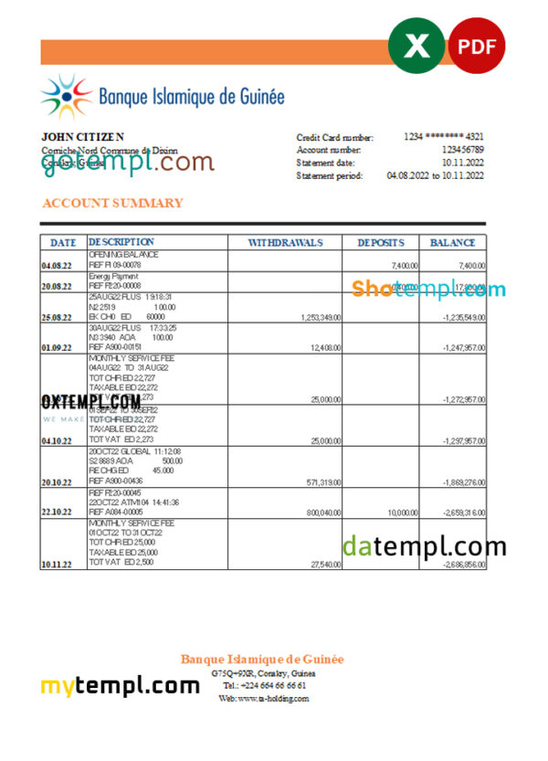 editable template, Guinea Banque Islamique de Guinée bank statement Excel and PDF template