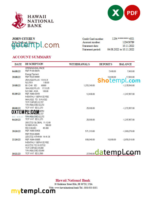 editable template, Hawaii National Bank statement Excel and PDF template