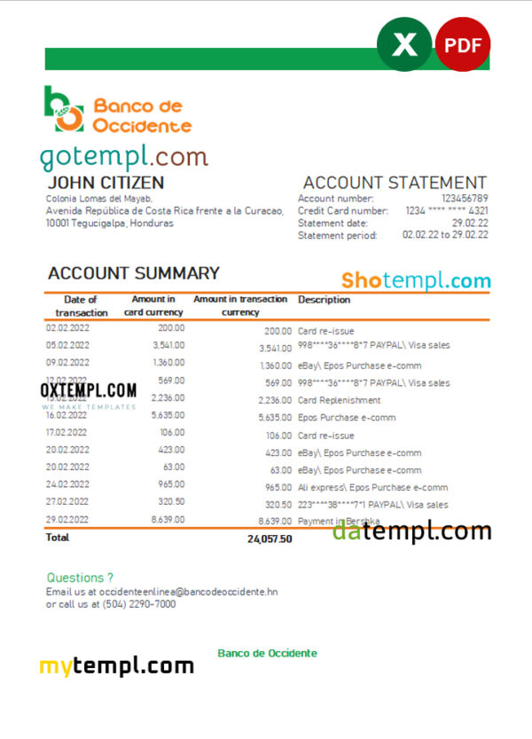editable template, Honduras Banco de Occidente statement Excel and PDF template