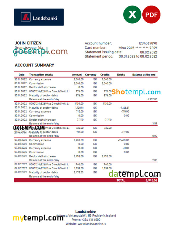 editable template, Iceland Landsbankinn bank statement Excel and PDF template