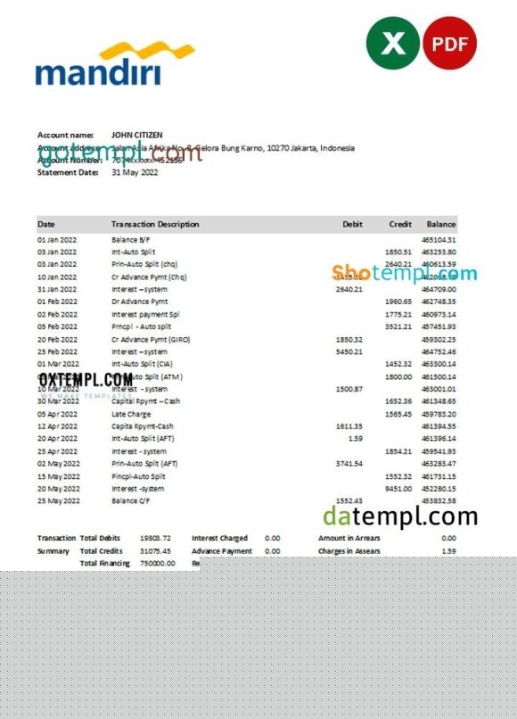 editable template, Indonesia Mandiri bank statement Excel and PDF template