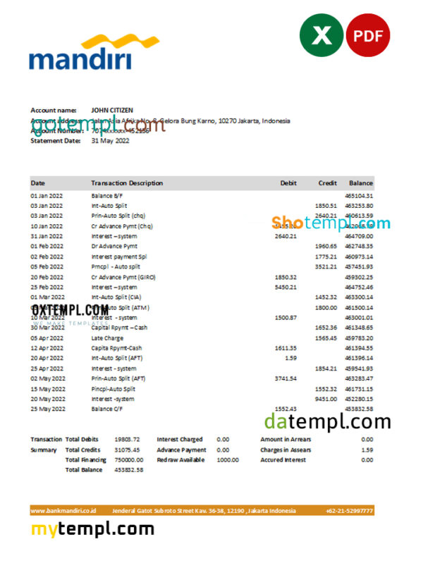 editable template, Indonesia Mandiri bank statement Excel and PDF template