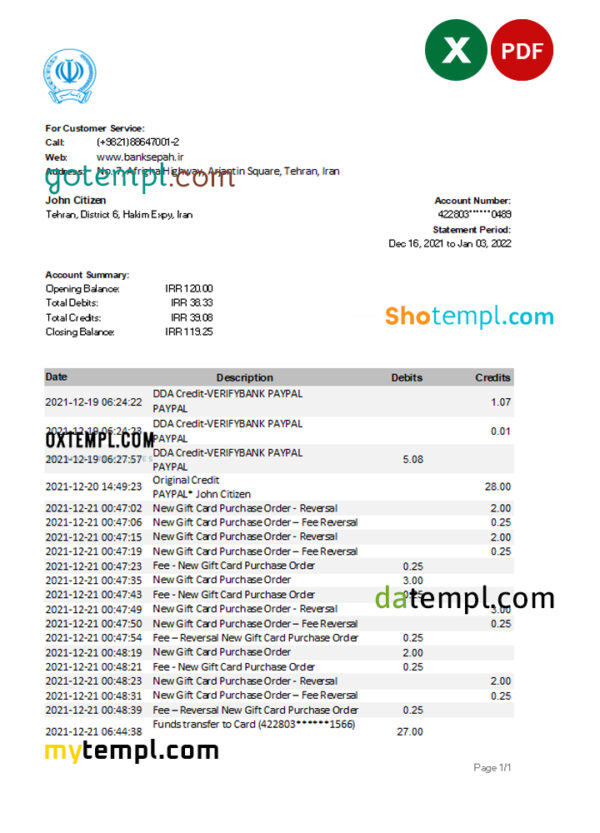 editable template, Iran Bank Sepah bank statement Excel and PDF template