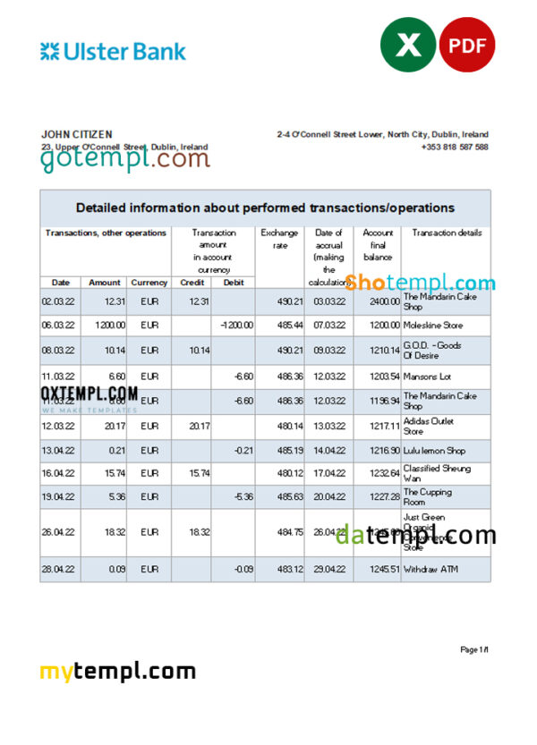 editable template, Ireland Ulster Bank statement Excel and PDF template