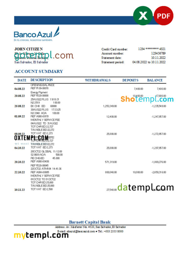editable template, Salvador Banco Azul bank statement Excel and PDF template