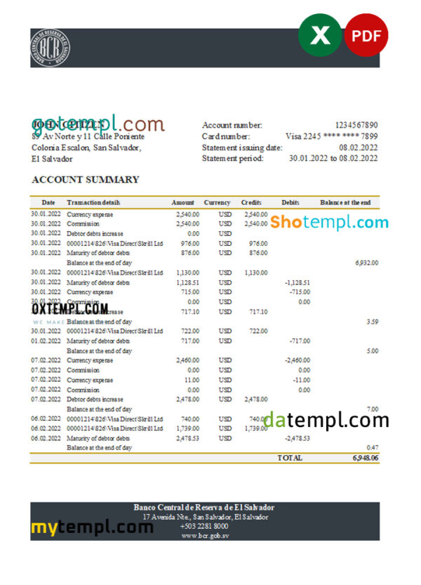 editable template, Salvador Banco Central de Reserva of El Salvador bank statement Excel and PDF template