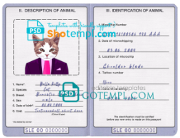 FREE editable template, Sierra Leone cat (animal, pet) passport PSD template, fully editable