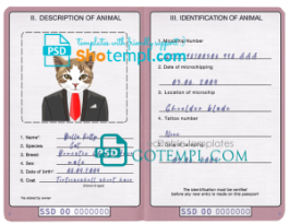 FREE editable template, South Sudan cat (animal, pet) passport PSD template, fully editable