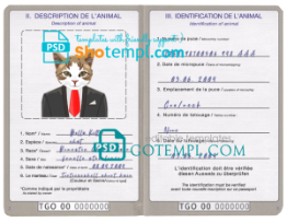 FREE editable template, Togo cat (animal, pet) passport PSD template, completely editable
