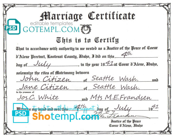 editable template, USA Idaho marriage certificate template in PSD format, fully editable