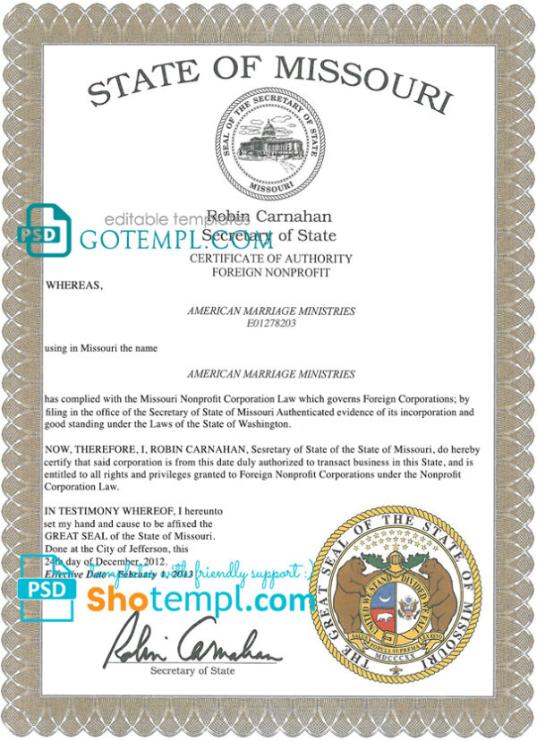 editable template, USA Missouri marriage certificate template in PSD format