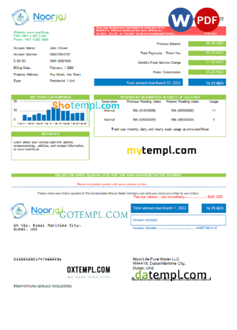 editable template, UAE Noor Life Pure Water LLC utility bill template in Word and PDF format