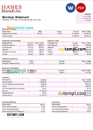 editable template, USA clothing company earning statement template in Word and PDF format