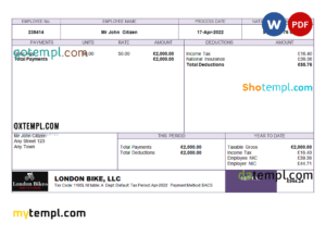 editable template, UK biking company employee sheet template in Word and PDF format