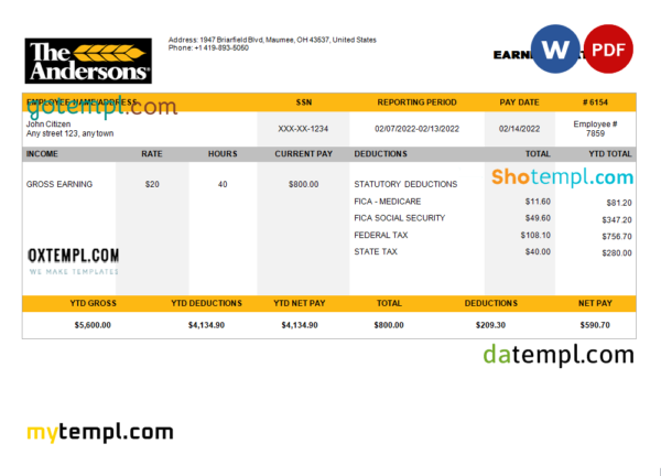 editable template, USA food production company employee sheet template in Word and PDF format