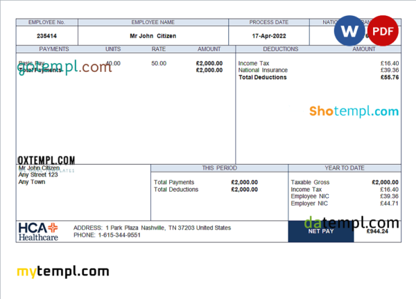 editable template, USA healthcare company employee sheet template in Word and PDF format