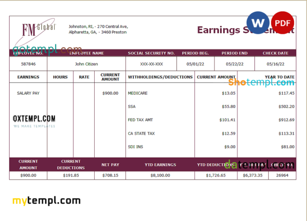 editable template, USA insurance company earning statement template in Word and PDF format