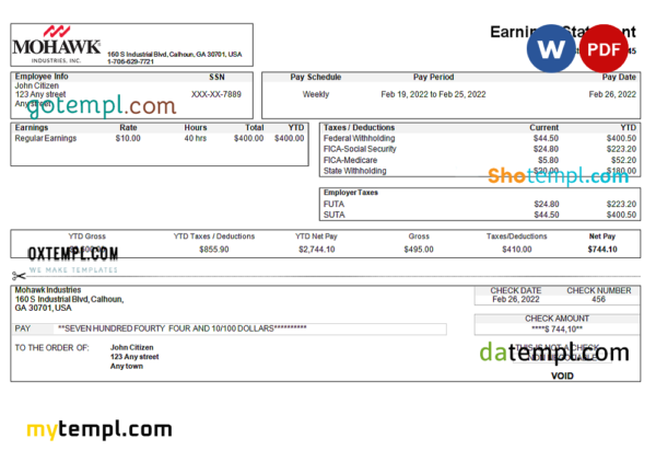 editable template, USA manufacturing company earning statement template in Word and PDF format