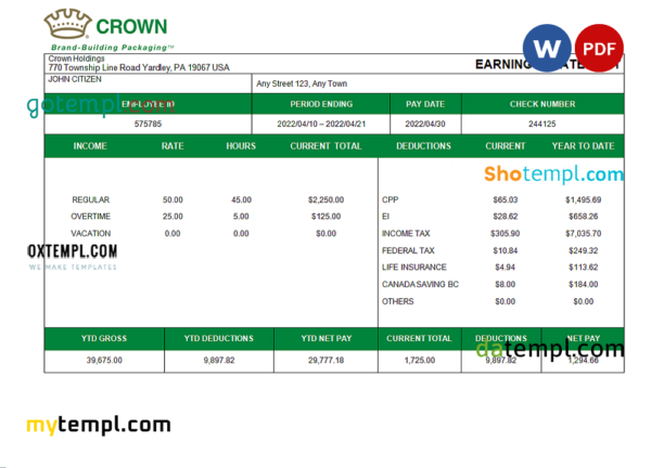 editable template, USA packaging company employee sheet template in Word and PDF format