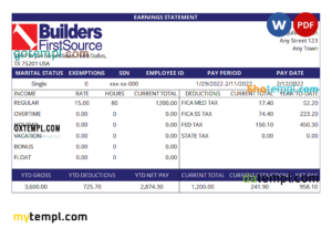 editable template, USA building materials earning statement template in Word and PDF format
