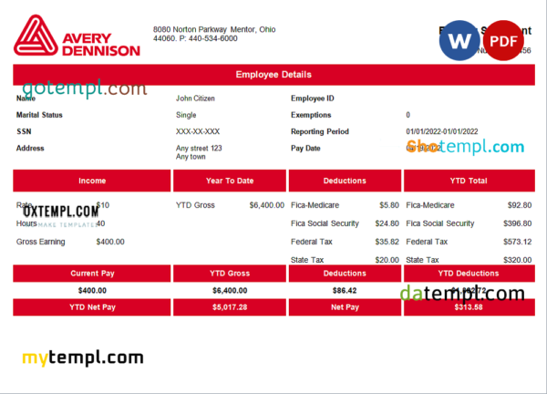 editable template, USA packaging company employee sheet template in Word and PDF format, version 2