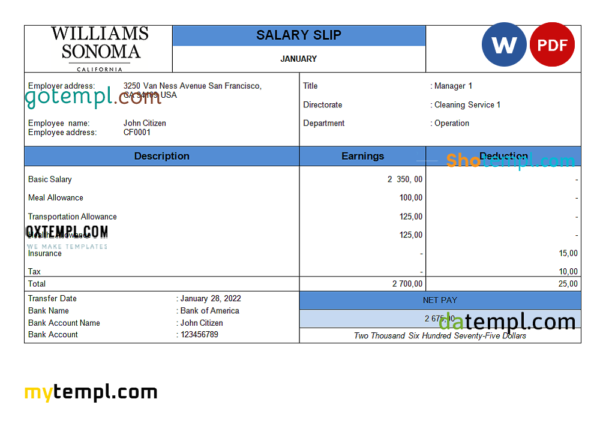 editable template, USA retail company employee sheet template in Word and PDF format, version 2