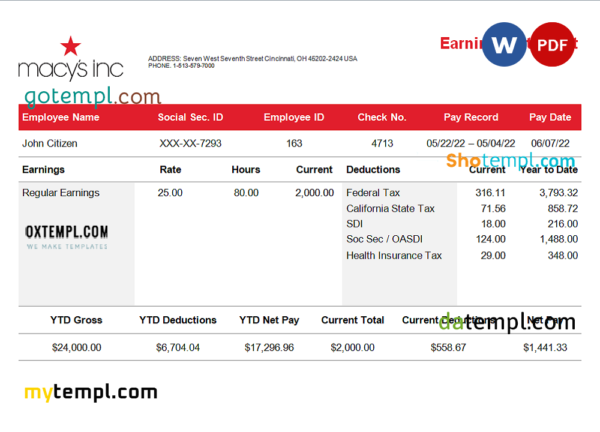 editable template, USA retail company earning statement template in Word and PDF format, version 3