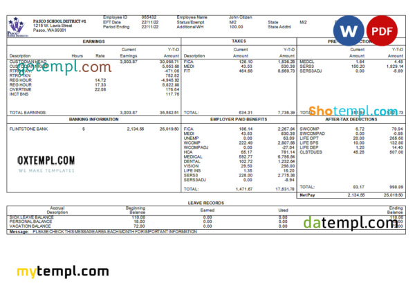 editable template, USA school employee sheet template in Word and PDF format
