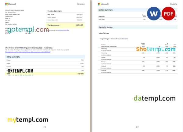 editable template, Ireland Microsoft Ireland Operations Limited invoice Word and PDF template, 2 pages