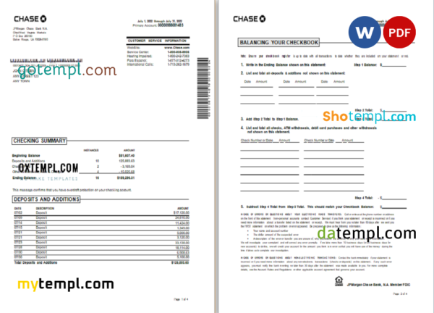 editable template, USA Chase bank statement Word and PDF template, 4 pages