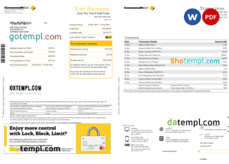 editable template, Australia Commonwealth bank statement, Word and PDF template, 3 pages