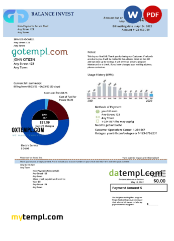 editable template, # balance invest universal multipurpose utility bill, Word and PDF template