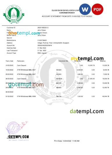 editable template, Bangladesh Islami bank statement, Word and PDF template