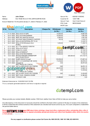 editable template, India Bank of India bank statement Word and PDF template