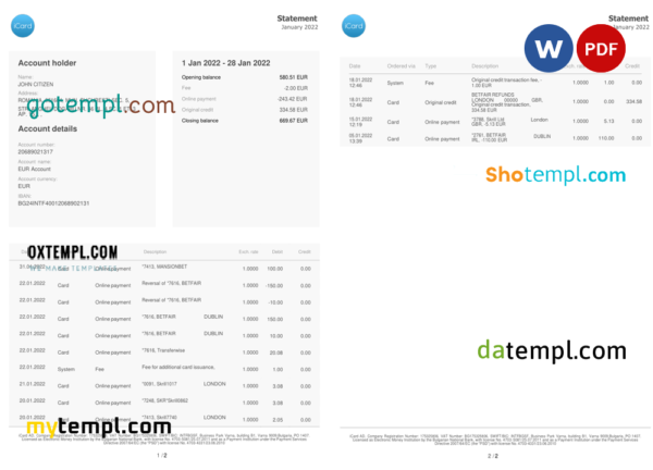 editable template, Bulgaria iCard statement, Word and PDF template, 2 pages