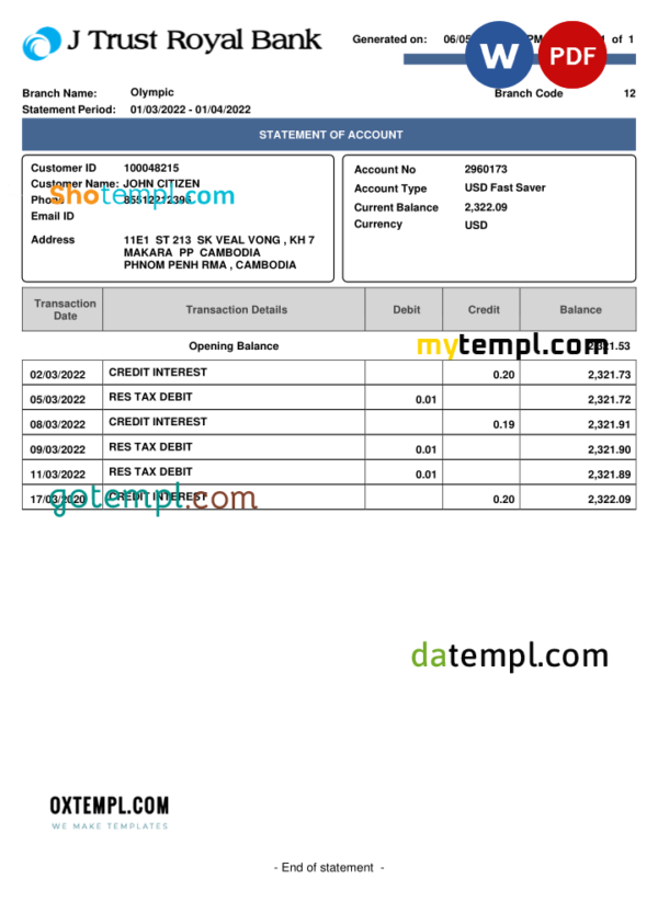 editable template, Cambodia J Trust Royal bank statement Word and PDF template