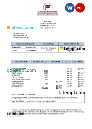 editable template, Canada Money Mentors (MM) bank statement Word and PDF template