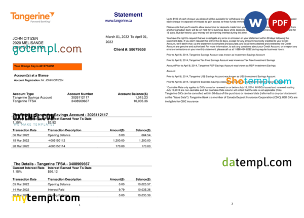 editable template, Canada Tangerine bank statement Word and PDF template, 2 pages