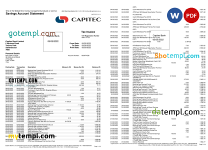 editable template, South Africa Capitec bank savings account statement, Word and PDF template, 4 pages