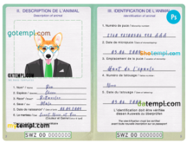 FREE editable template, Eswatini (Swaziland) dog (animal, pet) passport PSD template, fully editable
